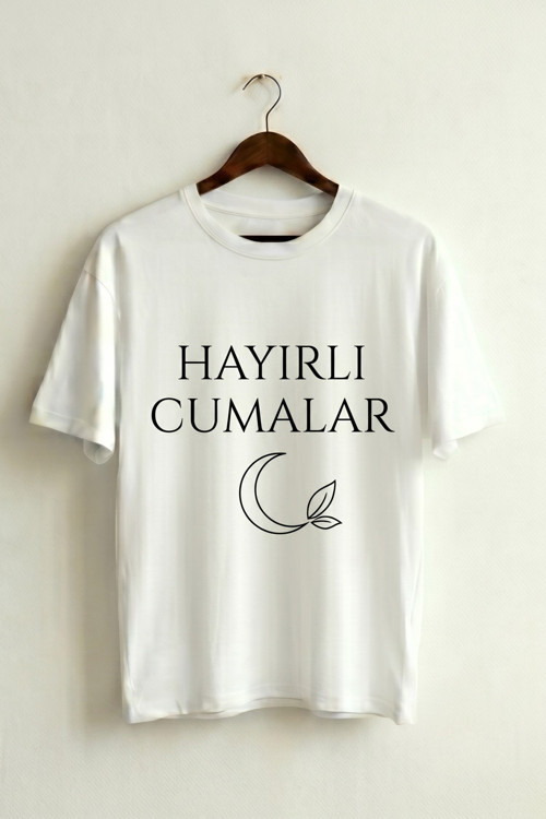 Oversize Unisex Beyaz Cuma Mesajlı İllüstrasyon Baskılı Tişört