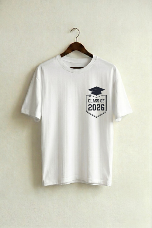 Oversize Unisex Beyaz Class of 2026 Mezuniyet Baskılı Kolej Tişört