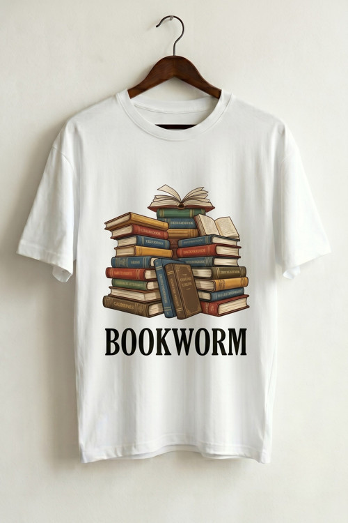 Oversize Unisex Beyaz Bookworm (Kitap Kurdu) Baskılı Tasarım Tişört