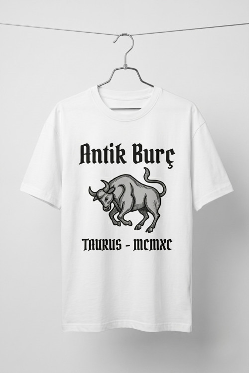 Unisex Beyaz Antik Burç Taurus Boğa Tasarım Baskılı Oversize Tişört
