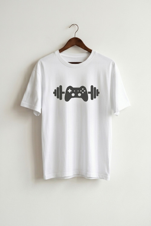 Unisex Beyaz Oyun Konsolu Halter Baskılı Gamer Fitness Oversize Tişört