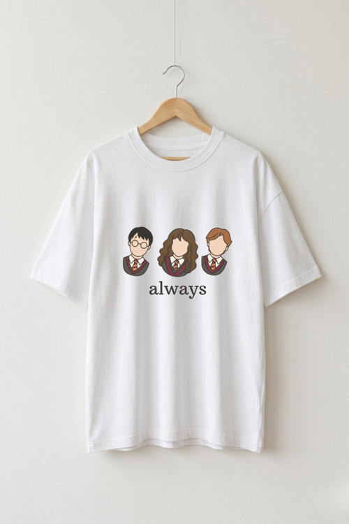 Oversize Unisex Beyaz Harry Potter Karakterler Baskılı Tişört
