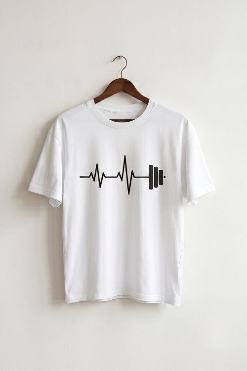 Unisex Beyaz Halter Kalp Ritmi Baskılı Fitness Sporcu Oversize Tişört