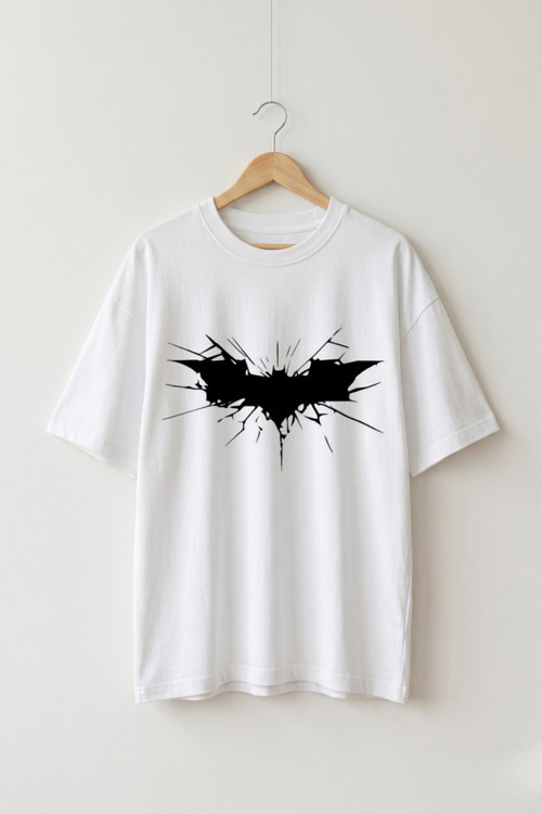 Oversize Unisex Beyaz Kara Şövalye BATMAN Logo Grafik Tasarım T-shirt