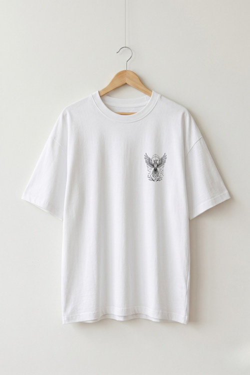Oversize Unisex Beyaz Minimalist Mitoloji Anka Kuşu Grafik Baskılı Tişört