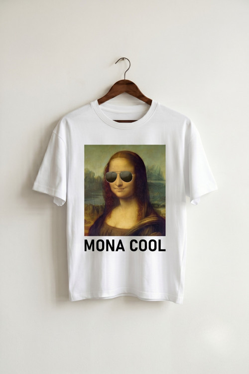 Oversize Unisex Beyaz Mona Cool Gözlüklü Mona Lisa Baskılı Pop Art Tişört
