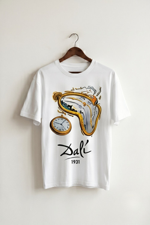 Unisex Beyaz Salvador Dali Eriyen Saatler Baskılı Sanat Tasarım Oversize Tişört