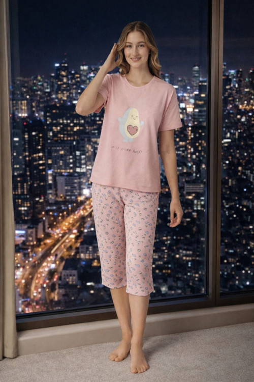 %100 Pamuk Pembe Kaprili Pijama Takımı