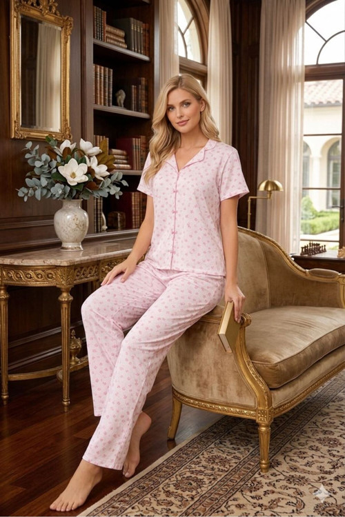 %100 Pamuk Üst Kurdale Süslü Kısa Kol Pijama Takımı