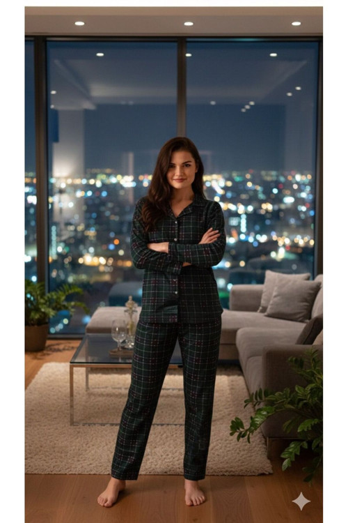 Kadın Yeşil Kareli Gömlek Süet Pijama Takımı
