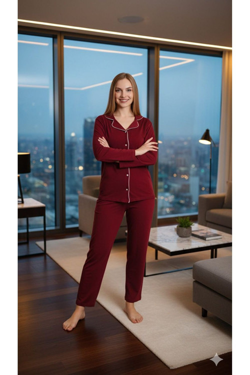 Ercan Gömlek Uzun Kol Pijama Takımı Koyu Bordo