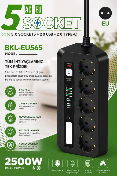 5’li Akım Korumalı Priz 2500W | 2 USB + 2 Type-C Hızlı Şarj | LED Gece Lambalı | Dokunmatik Anahtarl