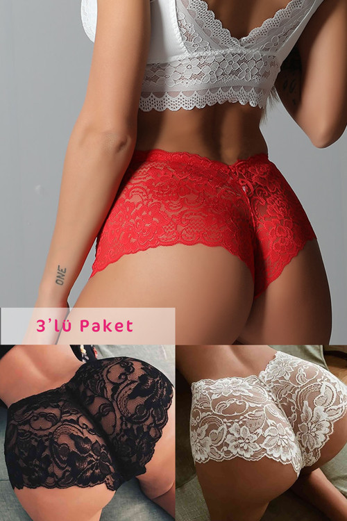 Kadın Siyah Beyaz Kırmızı 3'lü Paket Dantel Tanga Şort Külot