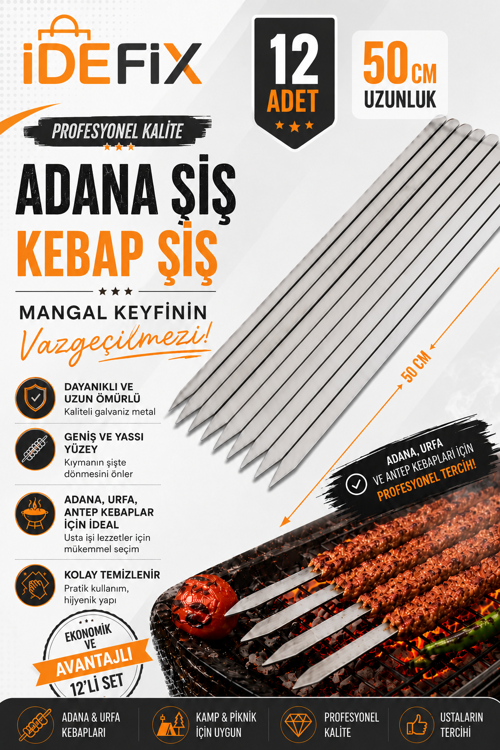 12 Adet Adana Şiş Kebap Şiş 50 Cm Şiş Galvaniz Paslanmaz Şiş