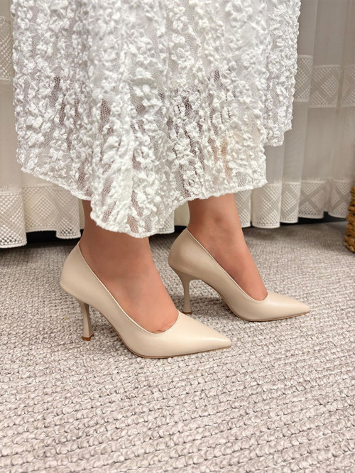 Kadın Vita Bej Deri İnce Topuklu 9 Cm Stiletto Bej