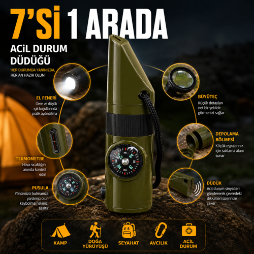 7'si 1 Arada Acil Durum Kamp Düdüğü | El Feneri Pusula Termometre Büyüteç Ayna Depolama Bölmeli