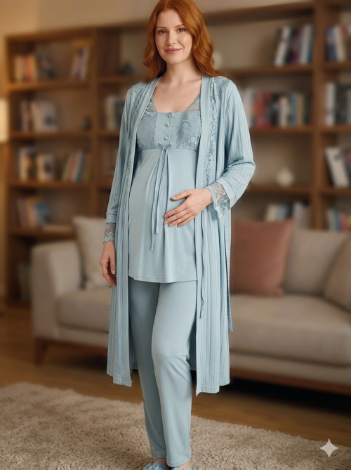 6205 Kadın 3'lü Jakarlı Sabahlıklı Lohusa Pijama Takımı