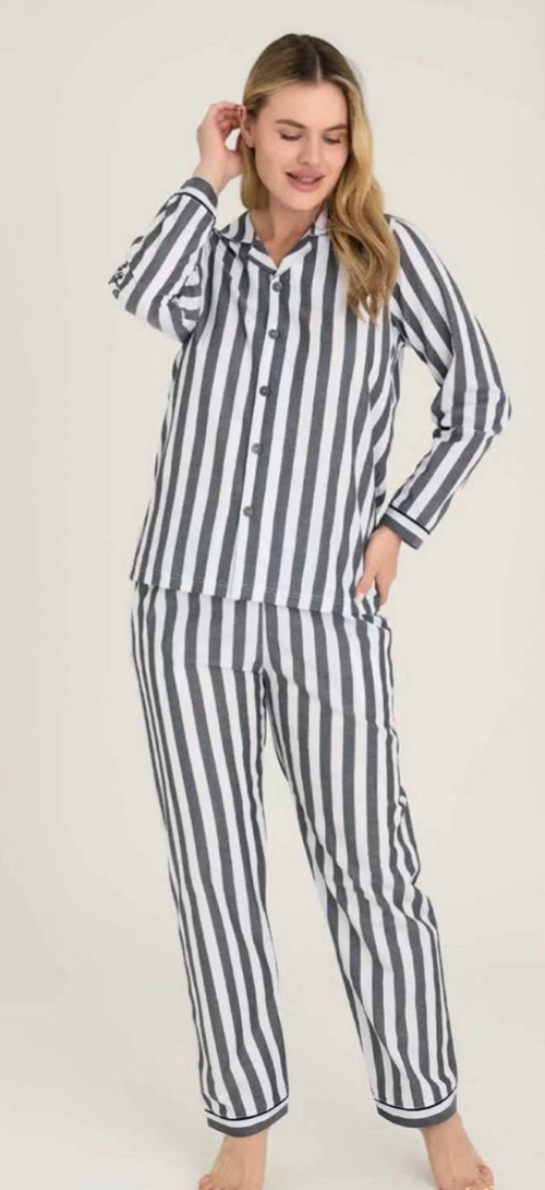 4007 Kadın Uzun Kol Çizgili Gaffuriye Pijama Takımı