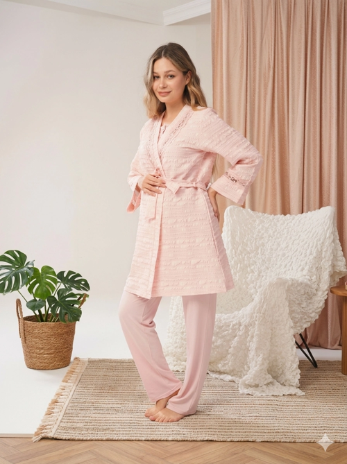 5806 Kadın 3'lü Sabahlıklı Lohusa Pijama Takımı