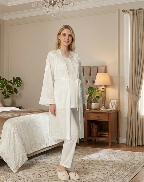 6201 Kadın Jakar Saten Sabahlıklı Lohusa Pijama Takımı