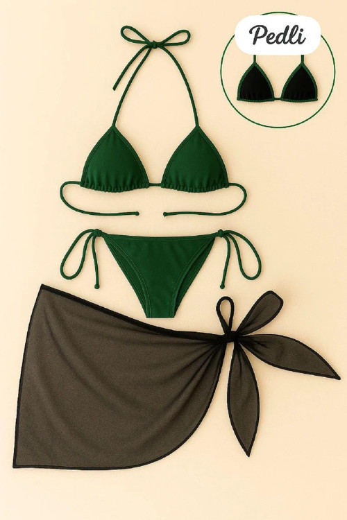 Kadın Yeşil Siyah Pareolu Yandan ve Boyundan Bağlamalı 3'lü Bikini Takımı – Modern, Konforlu ve Günl