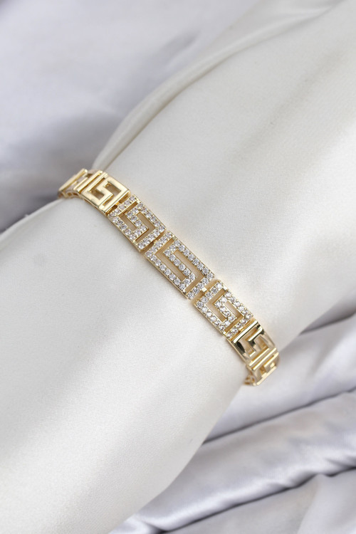 Labirent Zirkon Taşlı VIP Seri Gold Renk Pirinç Kadın Bileklik (CM)