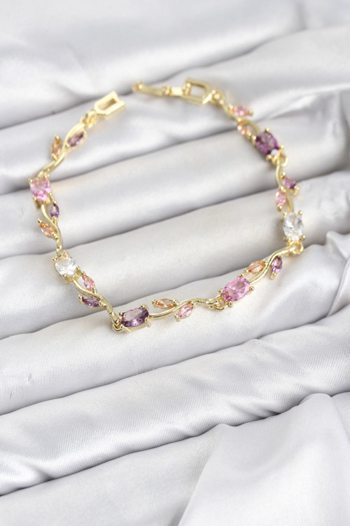 Pirinç Pembe ve Mor Zirkon Taşlı Çiçek Kadın Bileklik (Gold Renk)