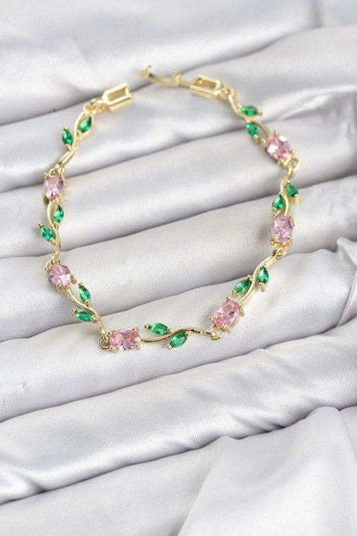 Pirinç Pembe Zirkon Taşlı Çiçek Kadın Bileklik (Gold Renk)