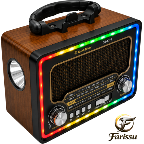 Gold Silver GS-1375 Nostaljik Radyo - Bluetoothlu, Güneş Panelli, Şarjlı Fenerli Taşınabilir Hoparlör