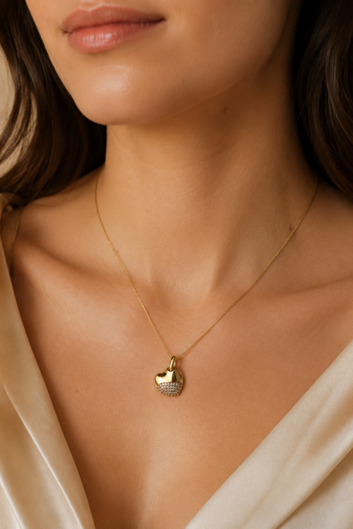 Jewelry Taşlı Kalp Uçlu Kararmaz Çelik Kadın Kolye 14K Gold 1163
