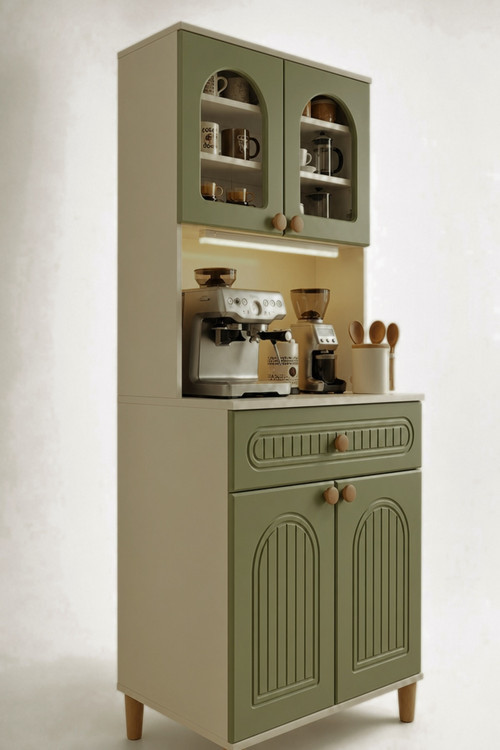 Barista LED Aydınlatmalı Kahve Köşesi Dolabı Retro Büfe 195cm MDF Koyu Yeşil