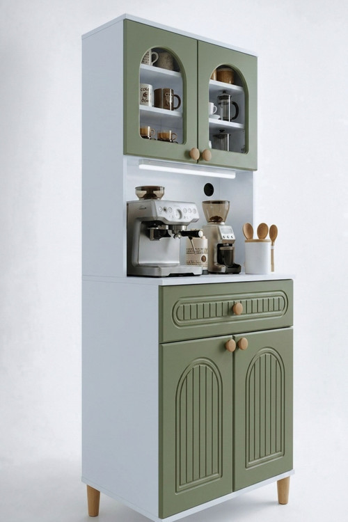 Barista LED Aydınlatmalı Kahve Köşesi Dolabı Retro Büfe 195cm MDF Yeşil