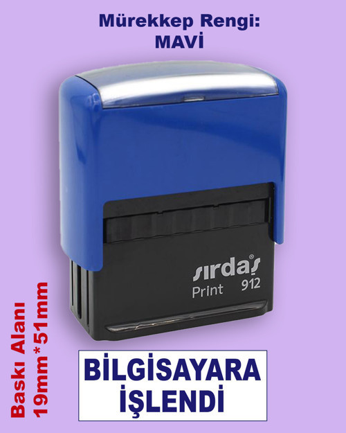 Bilgisayara İşlendi Kaşesi, 912 (51mm*19mm) Mavi Keçeli Otomatik Kaşe