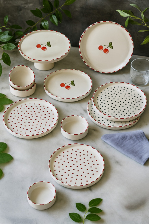 11 Parça 6 Kişilik Cherry Stackable Kahvaltı Takımı - Kirazlı Kahvaltılık Sunum Tabağı