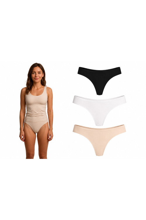Bambu Tanga Kadın String Külot İz Yapmaz Dikişsiz Siyah Beyaz Ten 3'lü Paket