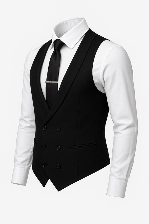 Erkek Slim Fit Siyah V Yaka Kruvaze Yelek - 7476