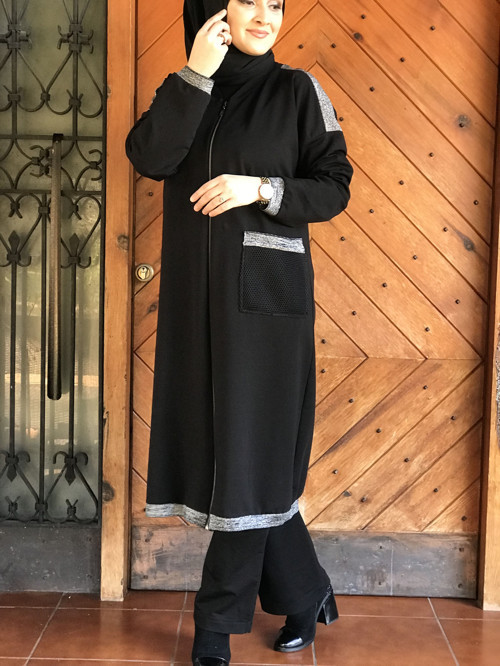 Gümüş Detaylı Fermuar Kapamalı Siyah 2li Eşofman Takımı