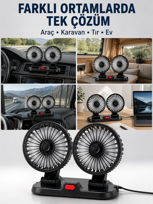 popüler Araç, Karavan ve Tır İçin Çift Fanlı Mini Vantilatör 2026