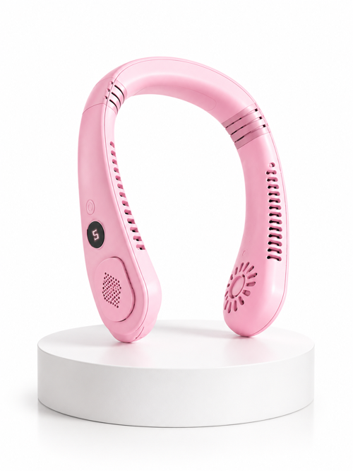 Pembe Taşınabilir Boyun Fanı Ergonomik Tasarım Çok Kademeli Hava Akışı