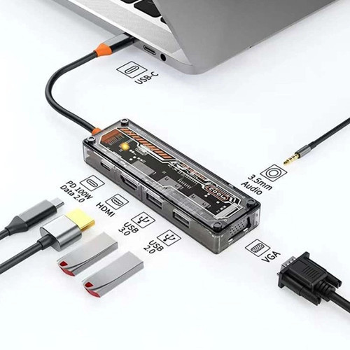 ALLY 6in1 Type-c To USB3.0 + USB2.0 + Type-c PD 100W + HDMI + VGA + 3.5mm Çoğaltıc Transpar