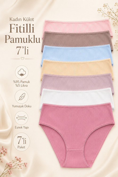 Kadın Külot 7 Li Paket Likralı Pamuklu Fitilli Kaşkorse Mixcolor