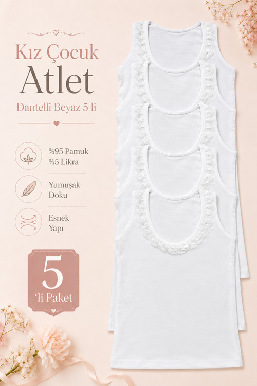 Kız Çocuk Atlet Geniş Askılı 5 li Paket Likralı Dantelli BEYAZ