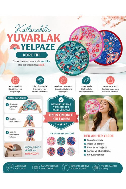 Katlanabilir Kore Tipi Yuvarlak Yelpaze -Çanta Boy - Hafif Tasarım