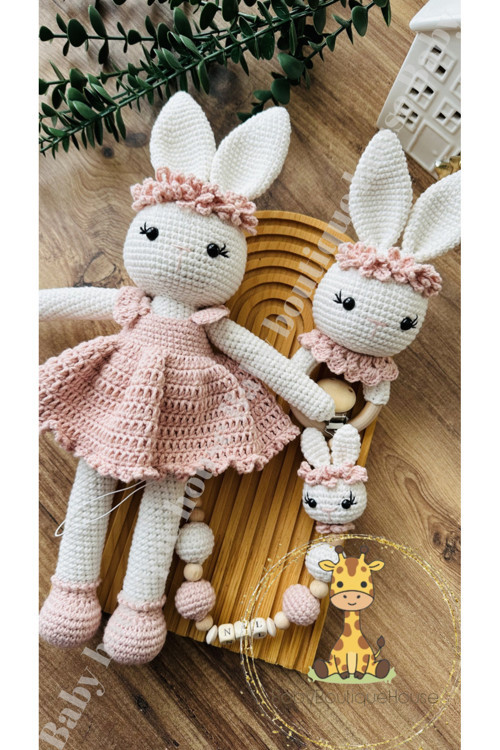 Amigurumi çiçek taçlı tavşan 3lü set