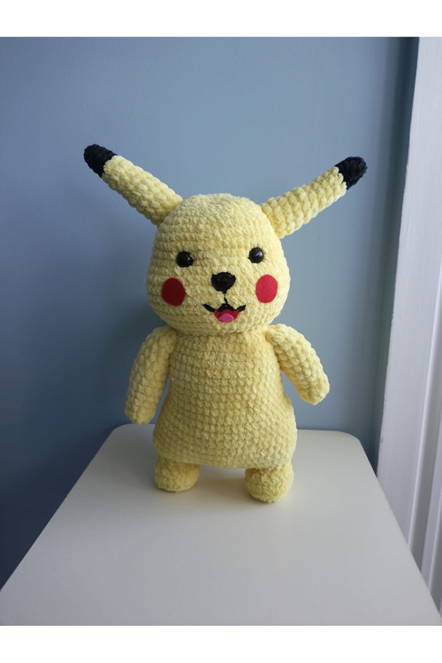 Amigurumi Büyük Boy Sarı Pikachu - El Örgüsü Çizgi Film Karakteri - Organik Kadife İp Çocuk Oyuncağı
