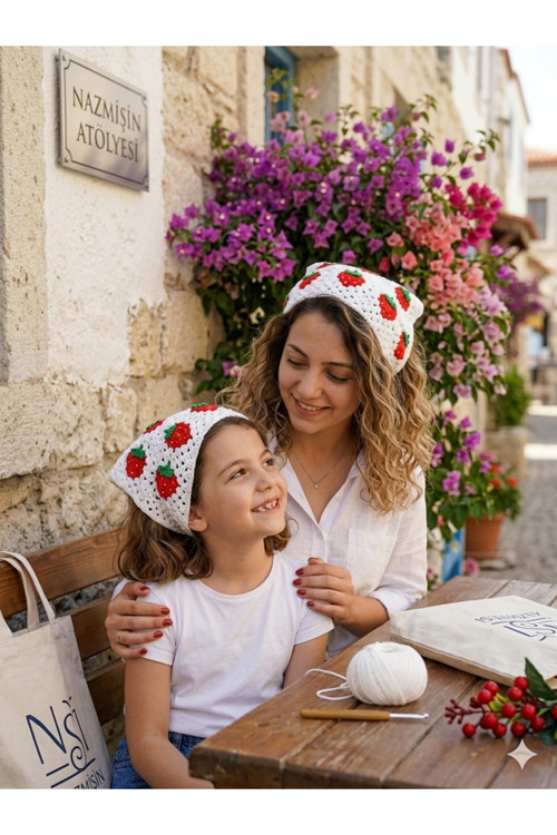 Megahan Boutique Anne Kız Kombin Çilekli Örgü Bandana Seti - El Yapımı %100 Pamuk Saç Aksesuarı