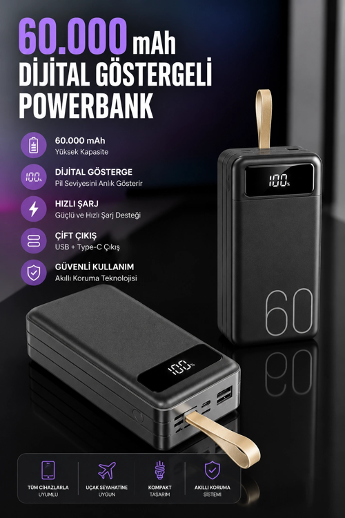 60.000 Mah Hızlı Şarj 4 Çıkışlı Uzun Şarj Süreli Dijital Göstergeli