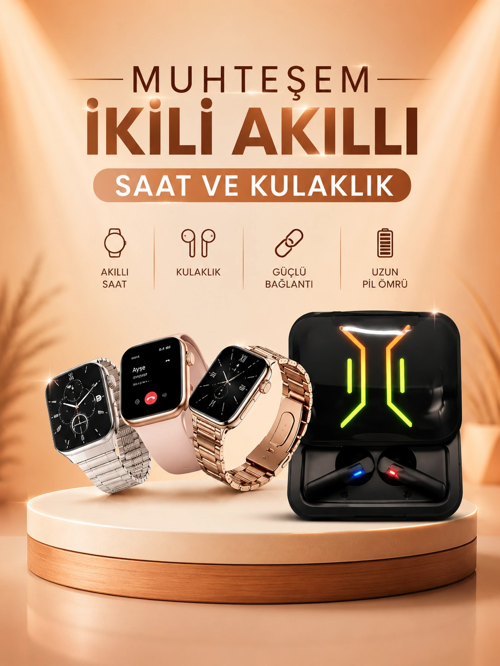 Wireless Şarjlı Akıllı Saat Dijital Göstergeli Kablosuz Bluetooth Kulaklık Nabız Ölçer