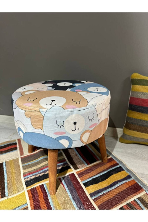 Dekoratif Puf Ahşap Ayaklı Ayıcık Desenli Ahşap Ayaklı Dayanıklı Puf & Bench