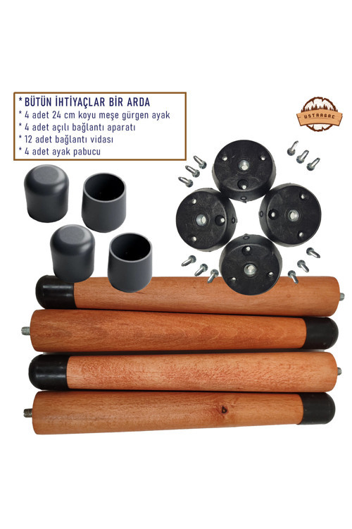 Ahşap Konik Mobilya Ayağı – Gürgen – Çevir Tak Aparatlı - Sehpa, Sandalye, Puf ve Tabure – 4’lü Set
